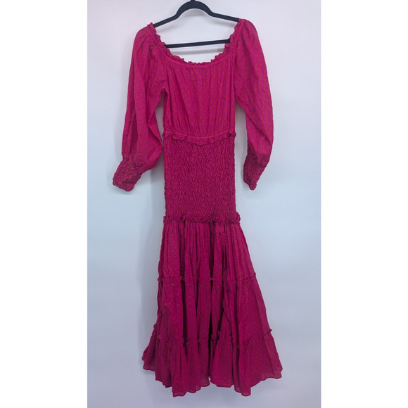 NWOT Alexis Thalssa Off The Shoulder Shirred Maxi Dress Sz M Fuchsia Dot #1H451 - Picture 2 of 12